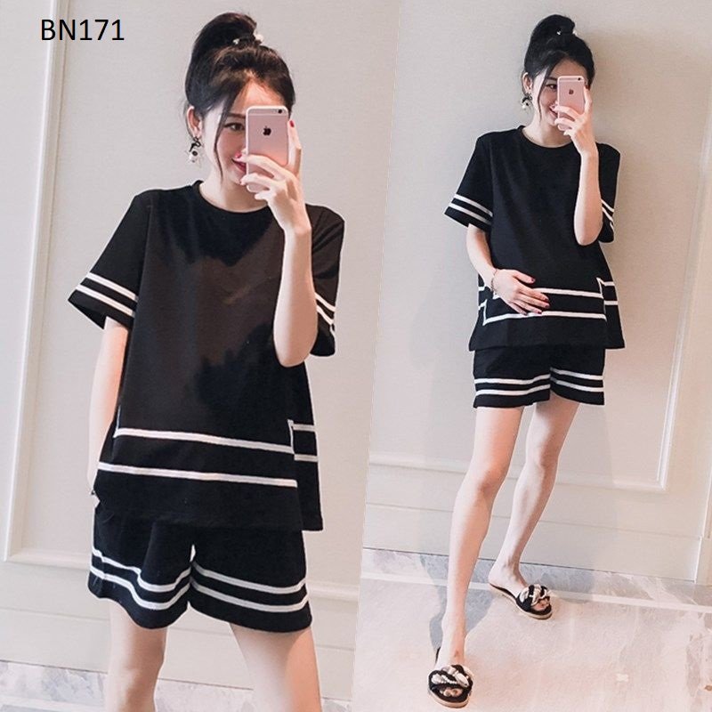 Bộ bầu và sau sinh mùa hè phối kẻ trắng trẻ trung mã BN171