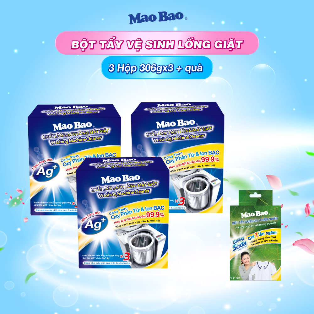 Combo 3 Hộp Lớn Chất Vệ Sinh Lồng Máy Giặt Mao Bao 306gx3 (9 gói) - Tặng Bột Tẩy Quần Áo thiên nhiên 12g x 5 gói