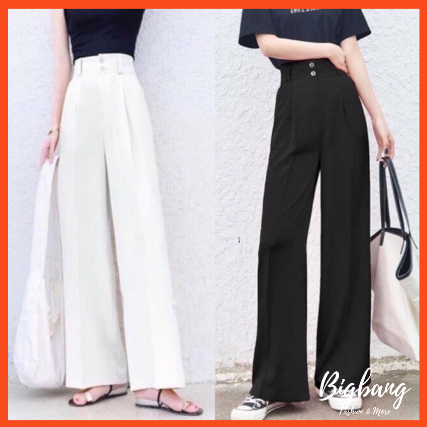 Quần Culottes dài 102cm, quần ống suông cạp cao hai cúc cực trend, quần ống rộng vải tuyết mưa cạp cao 7cm cực sang chảnh - Bigbang shop