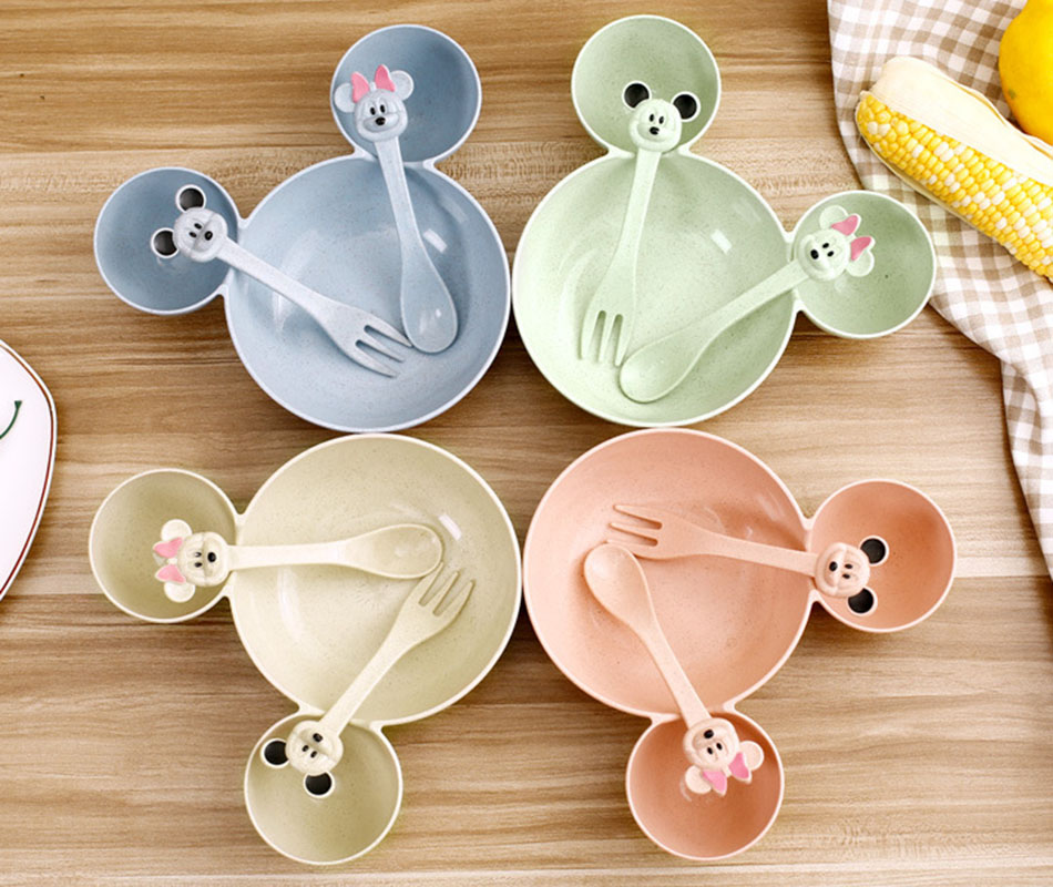 Bộ bát thìa ăn dặm hình chuột Mickey cho trẻ LM1013 trangtridecor chén muỗng ăn dặm đồ dùng gia đình sản phẩm lúa mạch lúa mì