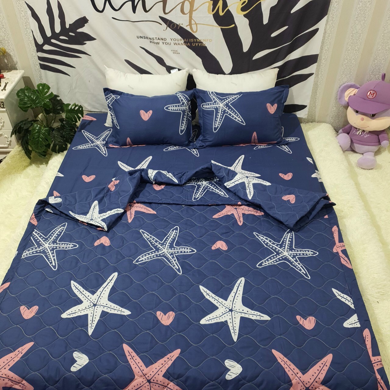 Bộ Chăn Ga Gối Cotton Poly Sao Biển , Chất Liệu Bền Đẹp, Không Phai, Không Xù, Mẫu Mã Kích Cỡ Đa Dạng