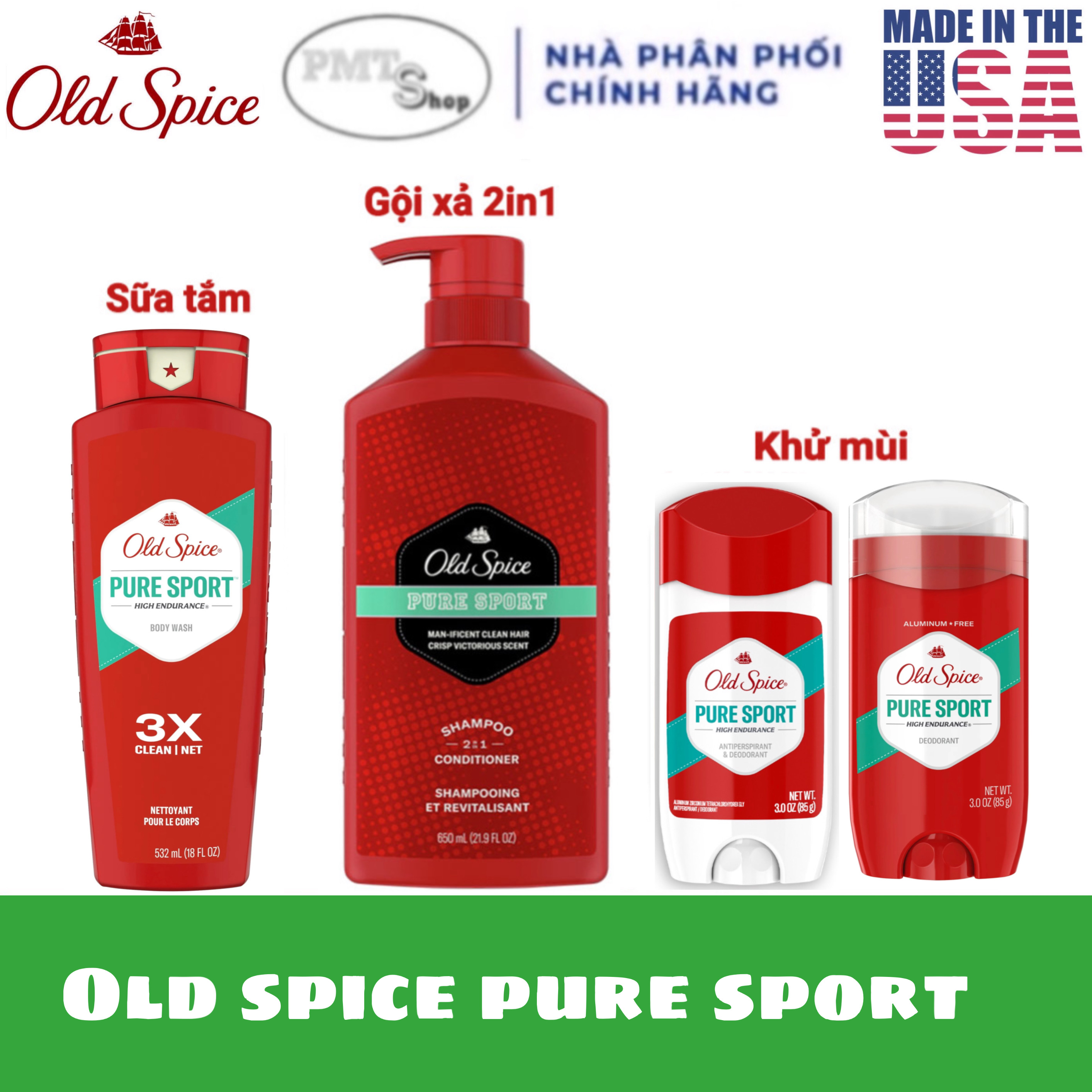 (NK Mỹ) Old Spice PURE SPORT Sáp Lăn Khử Mùi 85g / Sữa Tắm 532ml / Dầu gội xả 2in1 650ml