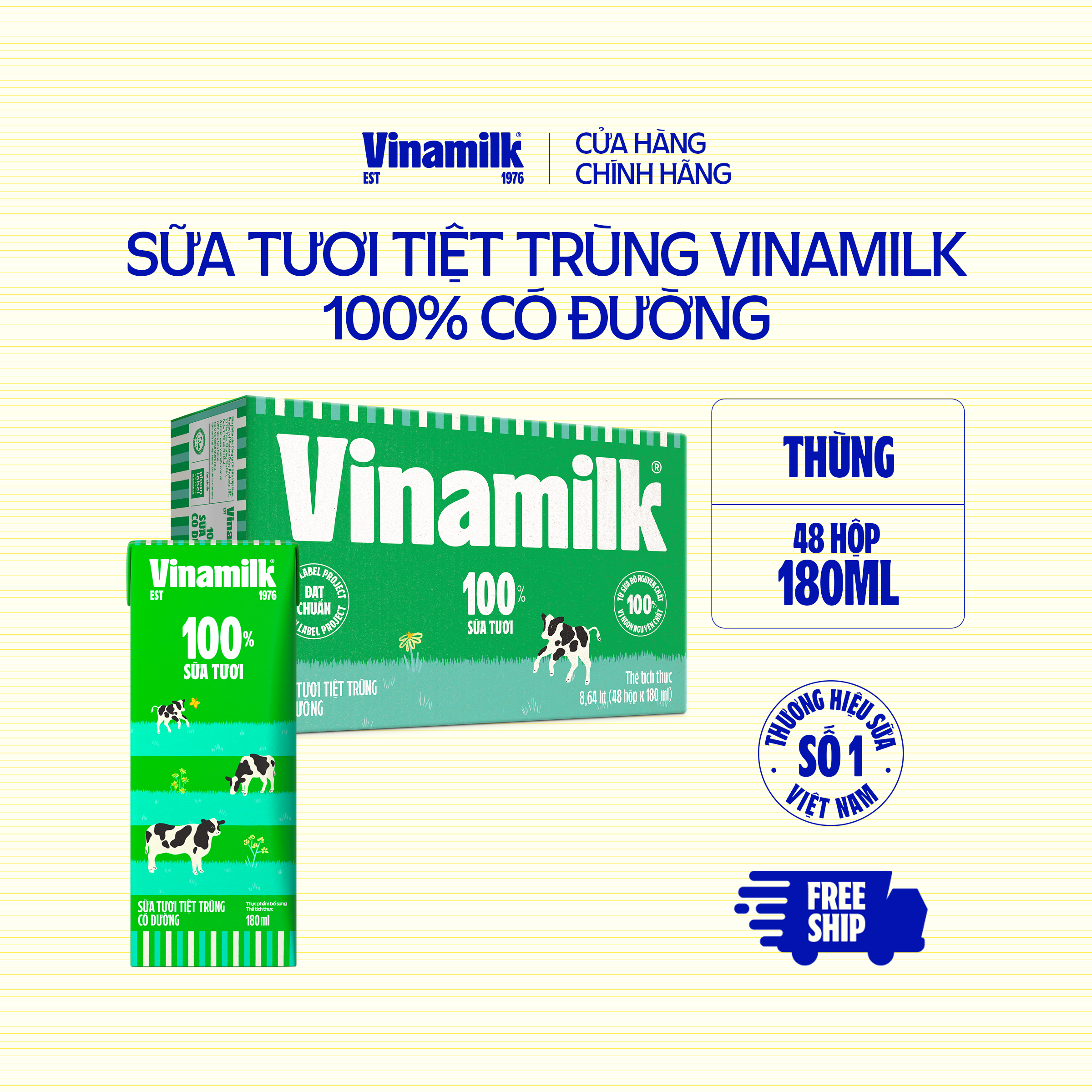 Thùng 48 Hộp Sữa tươi tiệt trùng Vinamilk 100% Có đường 180ml