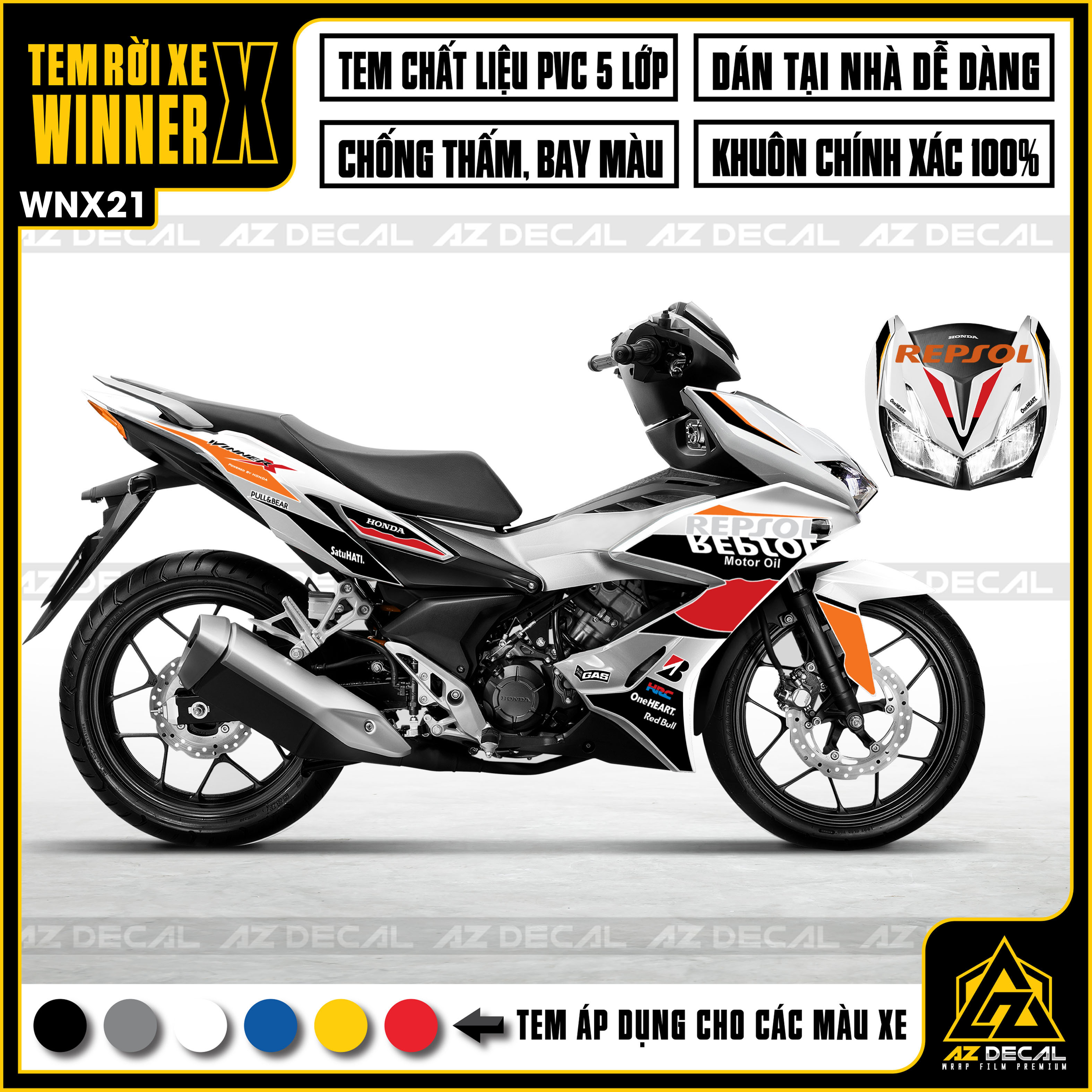 Tem Chế Repsol Xe Winner X Mẫu Mới Nhất | WNX21 | Tem Rời Chống Nước, Decal Chống Bay Màu, Cắt CNC Khuôn Sẵn - Azdecal
