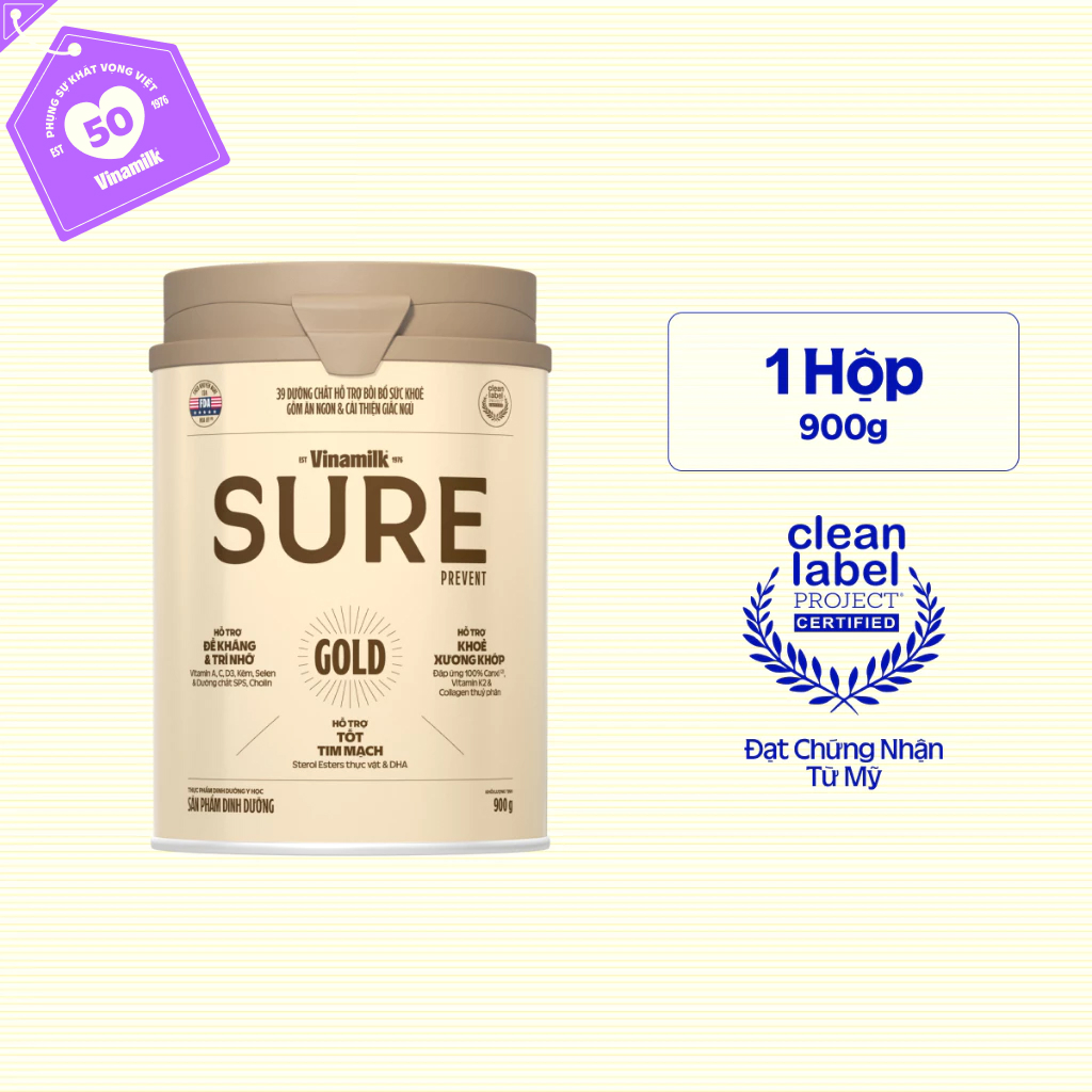 Sữa bột cho người lớn tuổi Vinamilk Sure Prevent 900g - bổ sung dinh dưỡng và tăng cường sức khỏe