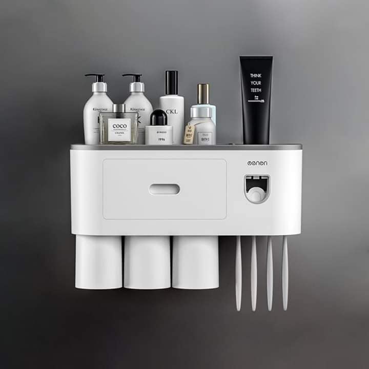 Kệ để đồ phòng tắm thông minh ONEON kiêm nhả kem đánh răng kèm 3 cốc hút từ tính sang trọng, chất liệu nhựa ABS chịu nhiệt dính tường siêu chắc không cần khoan
