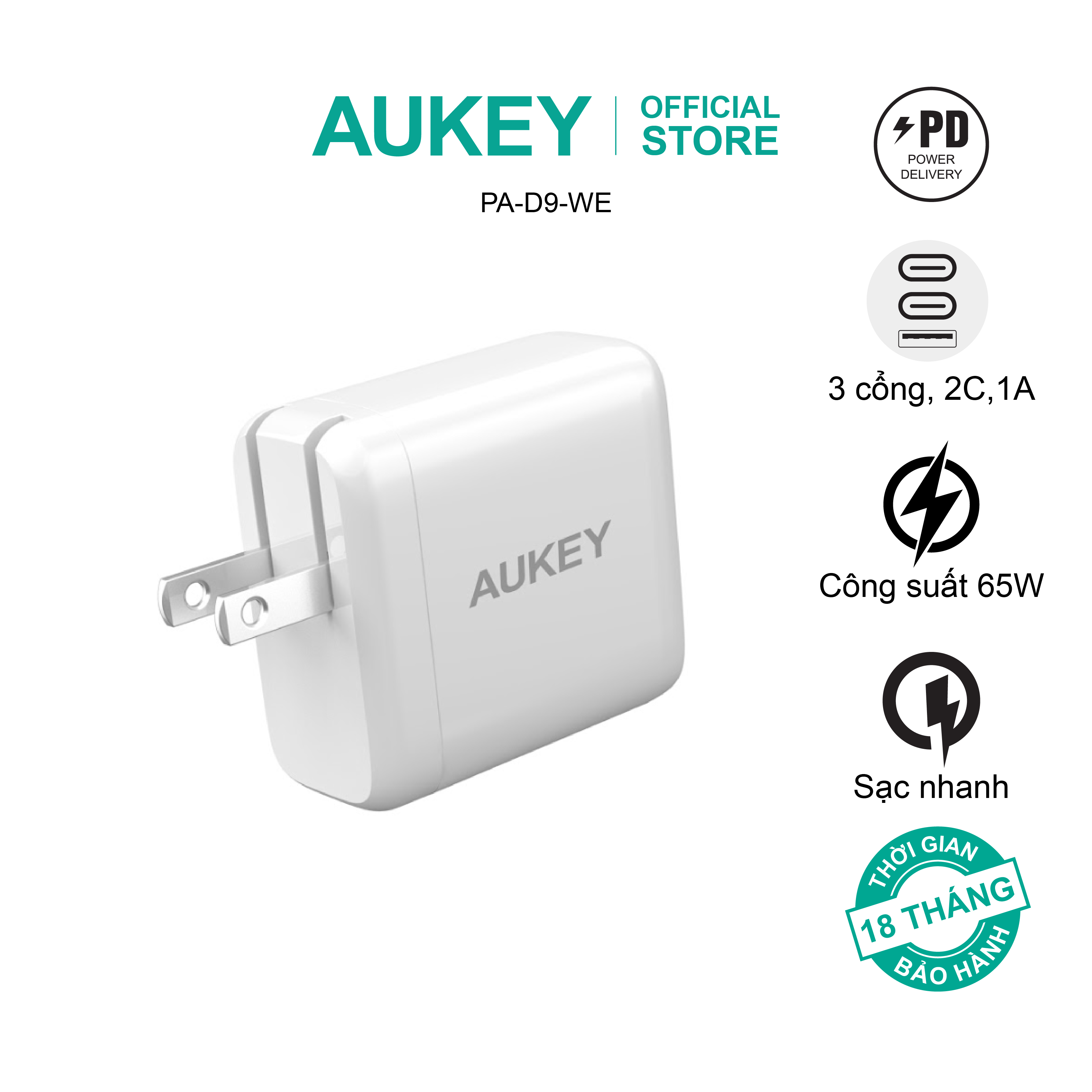 Củ sạc nhanh công nghệ GaN 65W PD 3 cổng nhỏ gọn Aukey sạc laptop macbook PA-D9