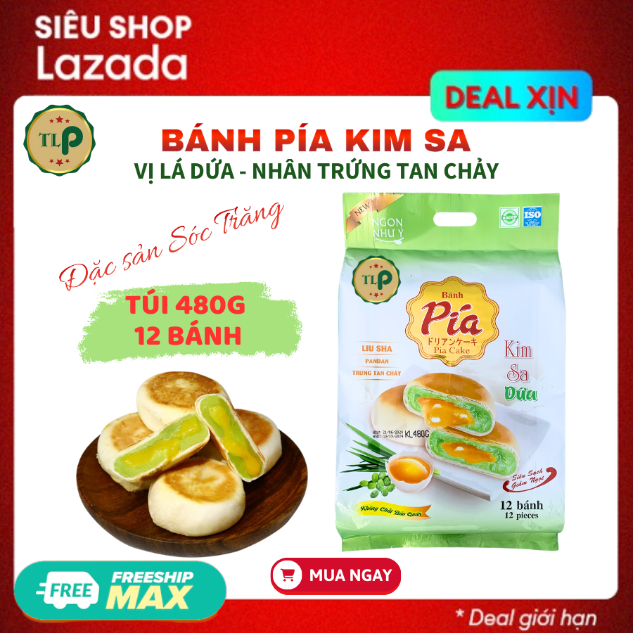 Bánh Pía Kim Sa TLP Vị Lá Dứa Nhân Trứng Túi 480G 12 Bánh Đặc Sản Sóc Trăng