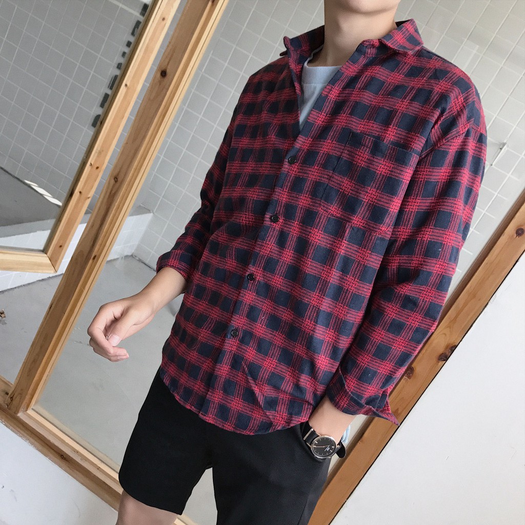 Áo Sơ Mi Flannel Caro Nhỏ Hàn Quốc Màu Đỏ Nam Nữ ASM3018B - Chất Vải Thoáng Mát, Mềm, Mịn, Dễ Phối Đồ