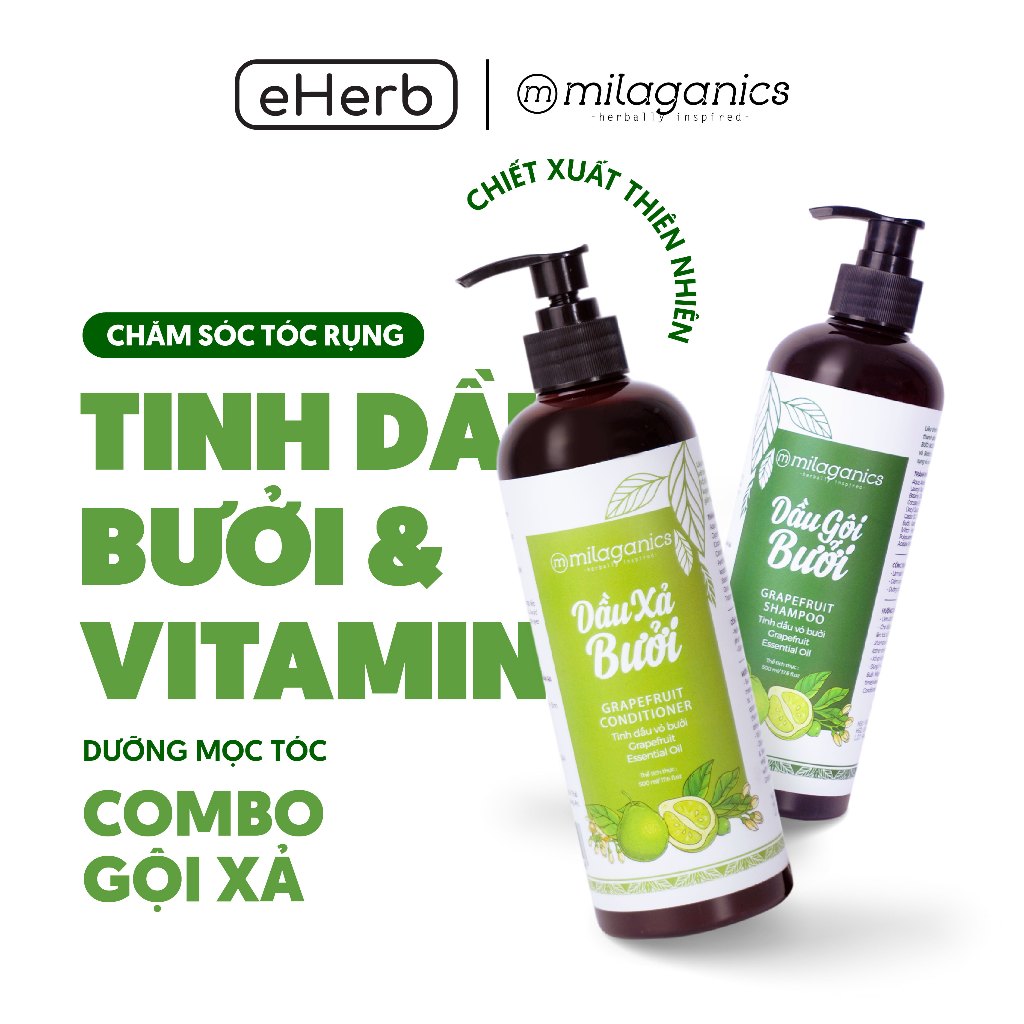 Combo dưỡng tóc mọc nhanh dầu gội bưởi, dầu xả bưởi size lớn milaganics 750ml/ chai