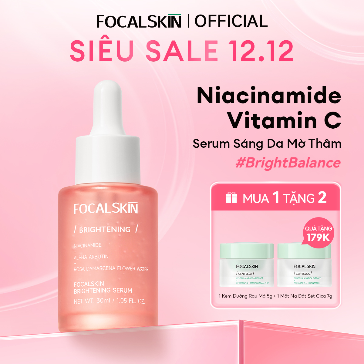 FOCALSKIN Serum Dưỡng Trắng Da Mờ Thâm Mụn Gấp Đôi Vitamin C + Niacinamide B3 +  Alpha Arbutin Dưỡng Ẩm Mờ Nám 30ml