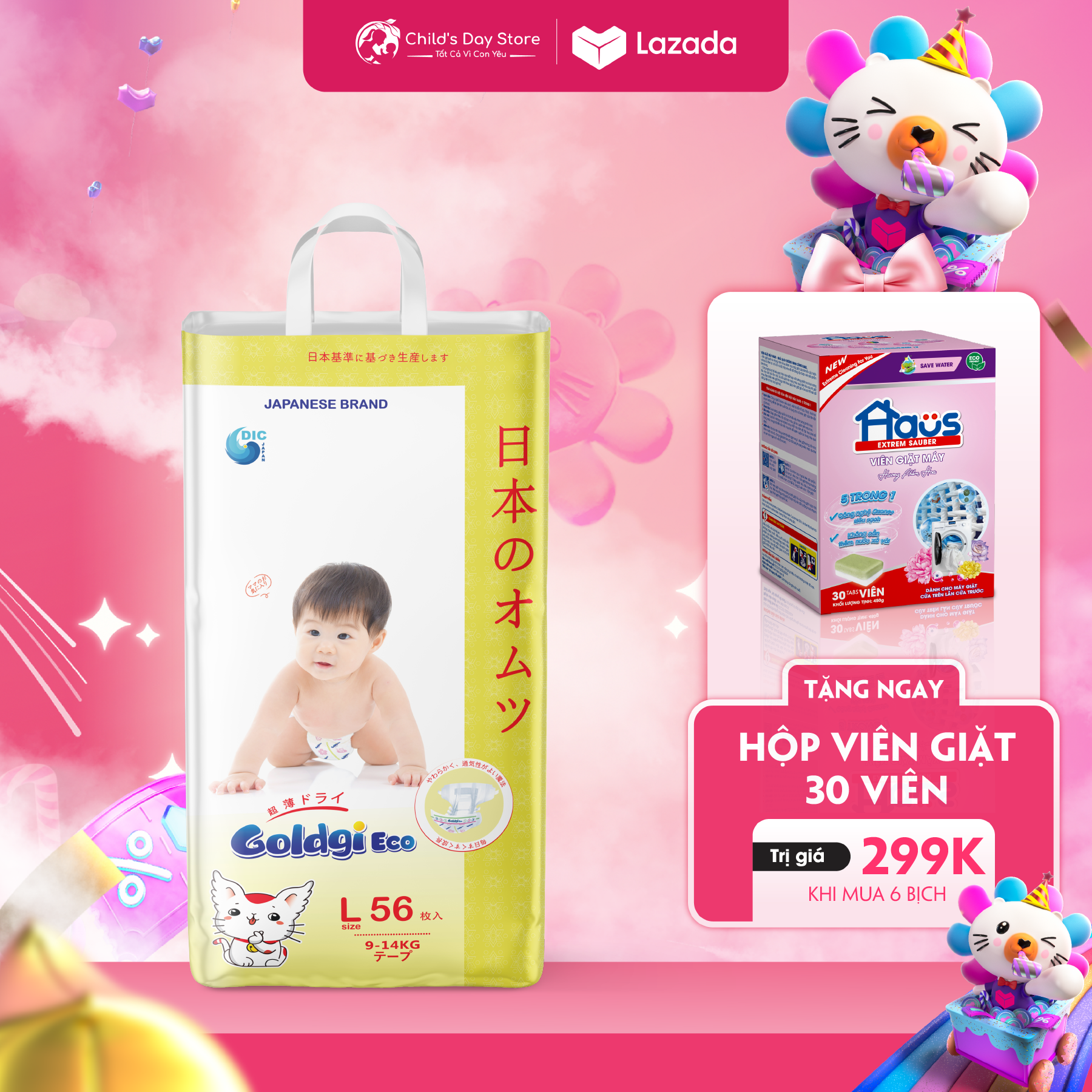 Bỉm dán/quần Goldgi Eco Nhật Bản đủ size NB86/S76/M66/L56/M54/L48/XL44/XXL32 - Childs Day