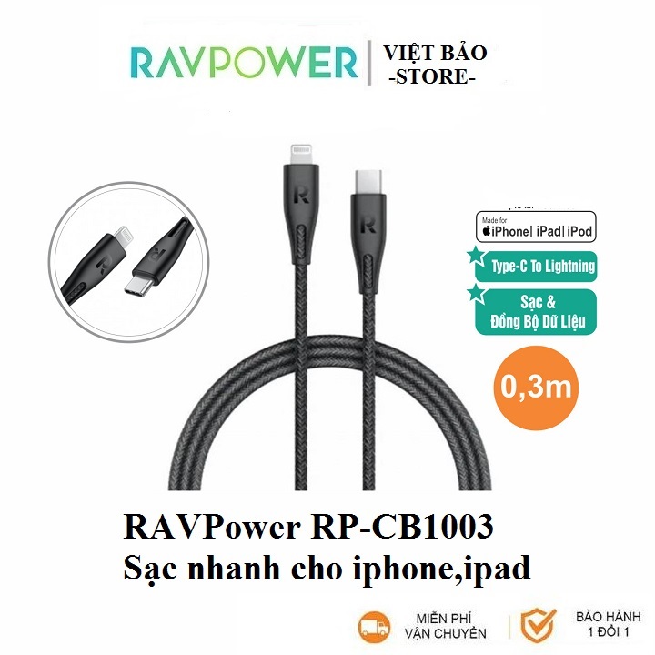 Cáp sạc nhanh type-c to light.ning ravpower rp-cb1003 dài 0,3m