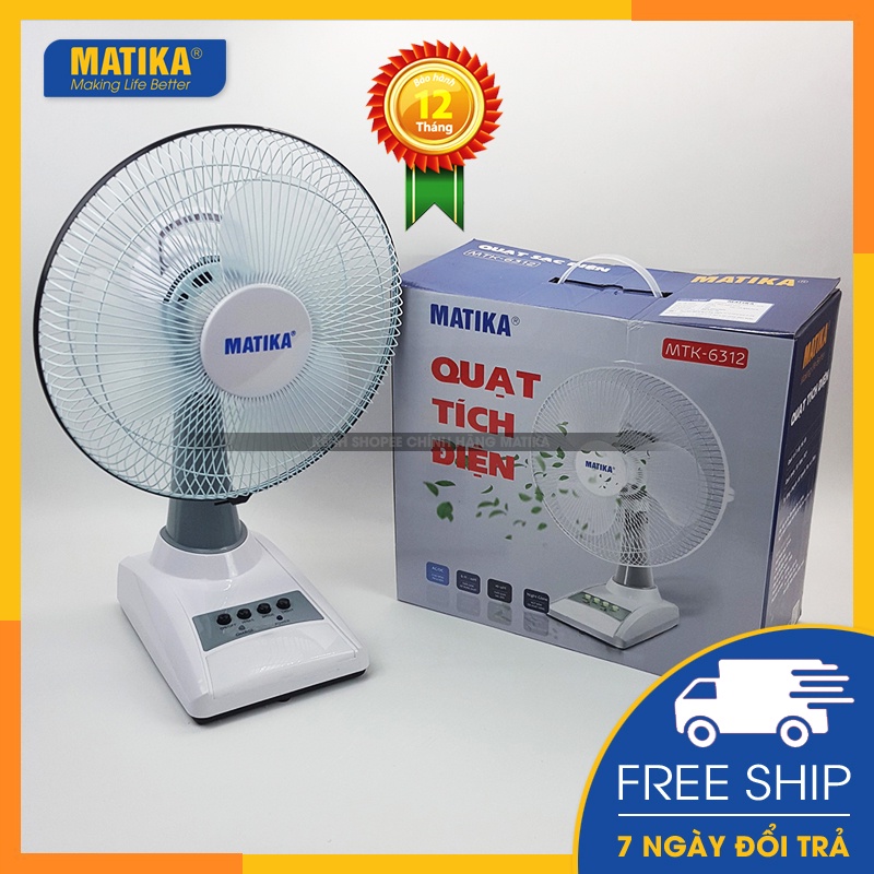 Quạt sạc điện 💖 matika 💖 tích điện nhỏ gọn có đèn ngủ công suất 18w mtk-6312