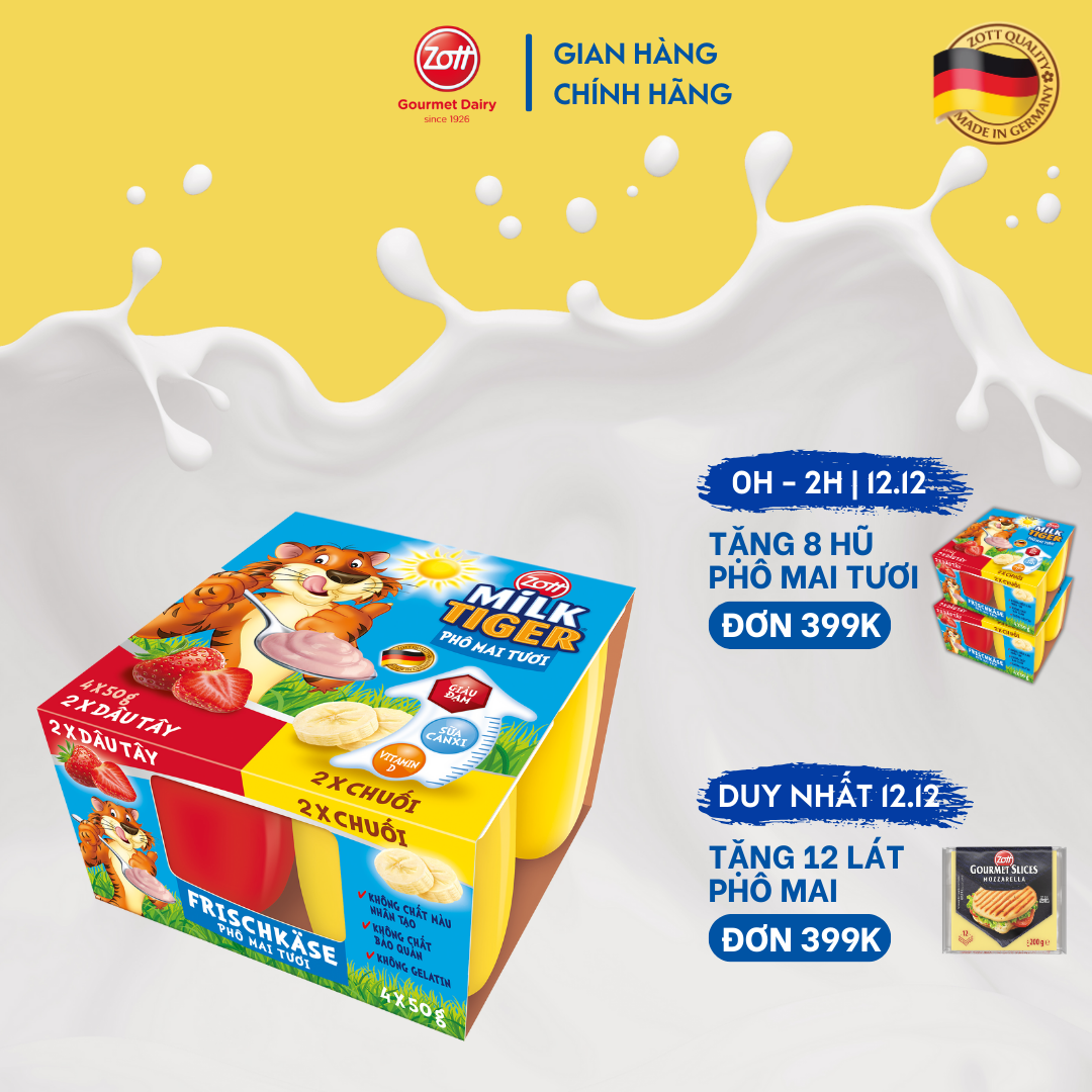 COMBO 3 VỈ Phô mai tươi Zott Milk Tiger vị Dâu - Vani nhập khẩu từ Đức