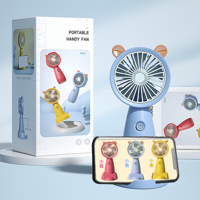Quạt mini cầm tay kèm giá đỡ điện thoại tiện dụng tai thú cute
