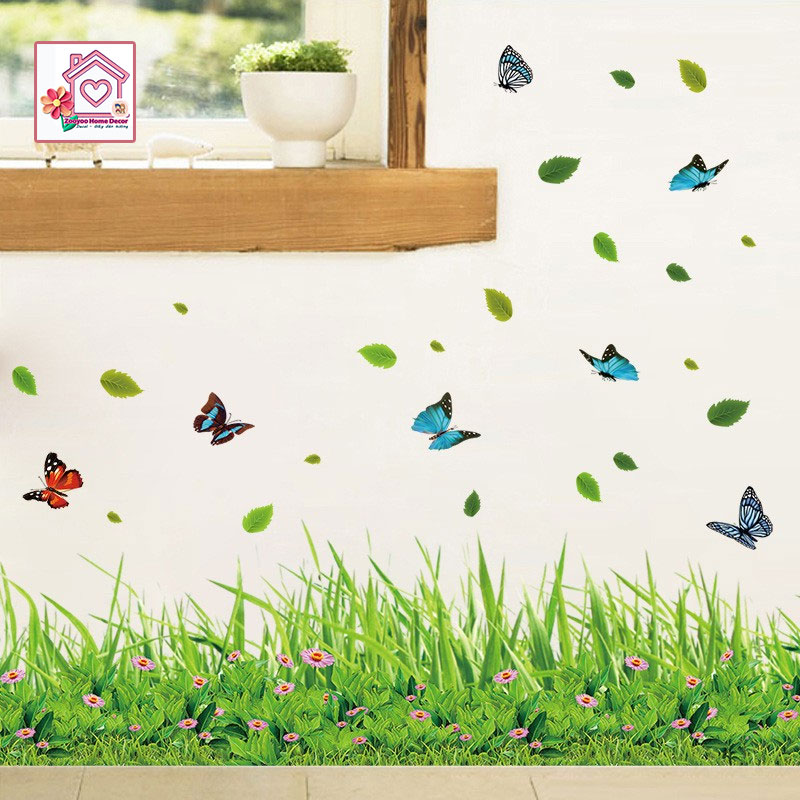 Decal dán tường Chân tường Cỏ xanh và bướm trang trí tường phòng khách phòng ngủ - Sticker - Miếng dán tường - Hình dán