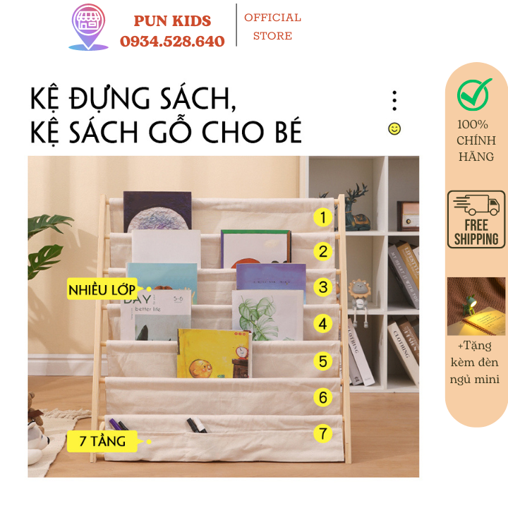 Kệ sách, giá đựng sách, kệ đựng sách 7 tầng khung gỗ Montessori, giá sách gỗ cho bé