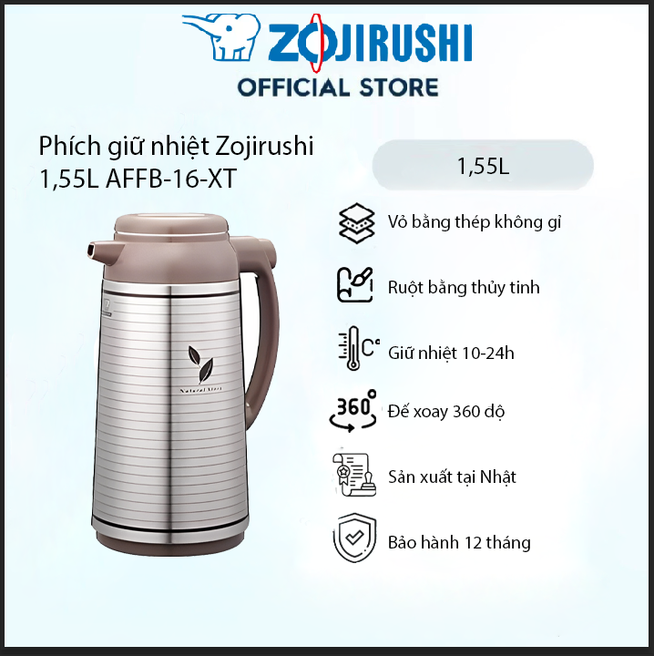 Phích giữ nhiệt bấm rót Zojirushi AFFB-16-XT dung tích 1,55L, sản xuất tại Nhật, bảo hành 1 năm chính hãng