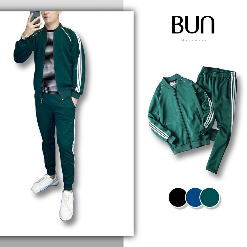 Bộ quần áo thể thao nam nữ bun store - bộ das nam nữ 3 sọc có khóa kéo 3 màu