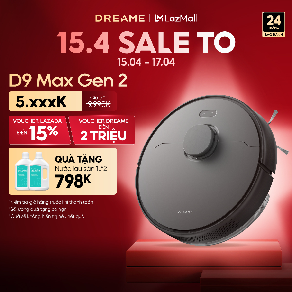 Robot Hút Bụi Lau Nhà Thông Minh Dreame D9 Max Gen 2- Lực Hút 4000Pa - Bản Quốc Tế - Bảo Hành 24 Tháng