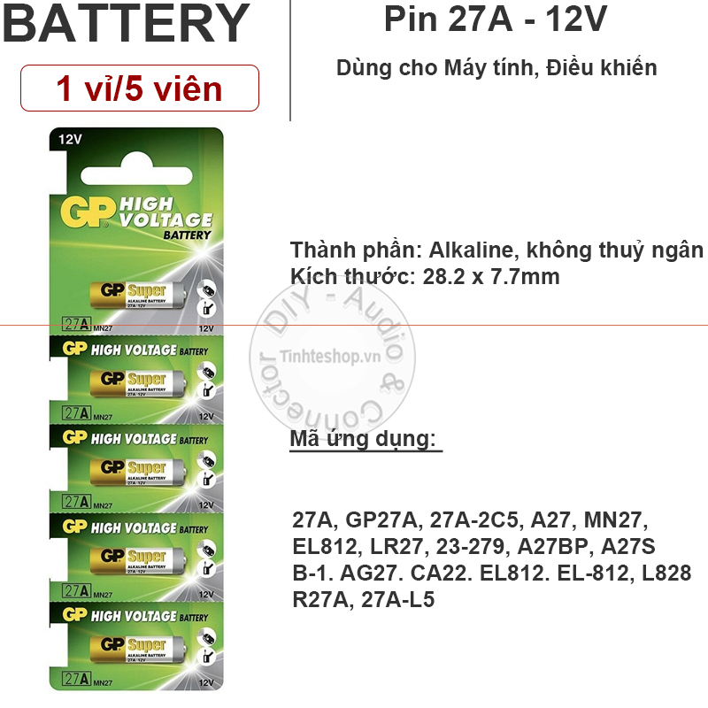 Pin điều khiển cửa cuốn Pin điều khiển xe 27A A27 MN27 EL812 LR27 A27S AG27 CA22 EL812 L828 R27A  GP 12V 5 viên (đổi qua hãng Came)