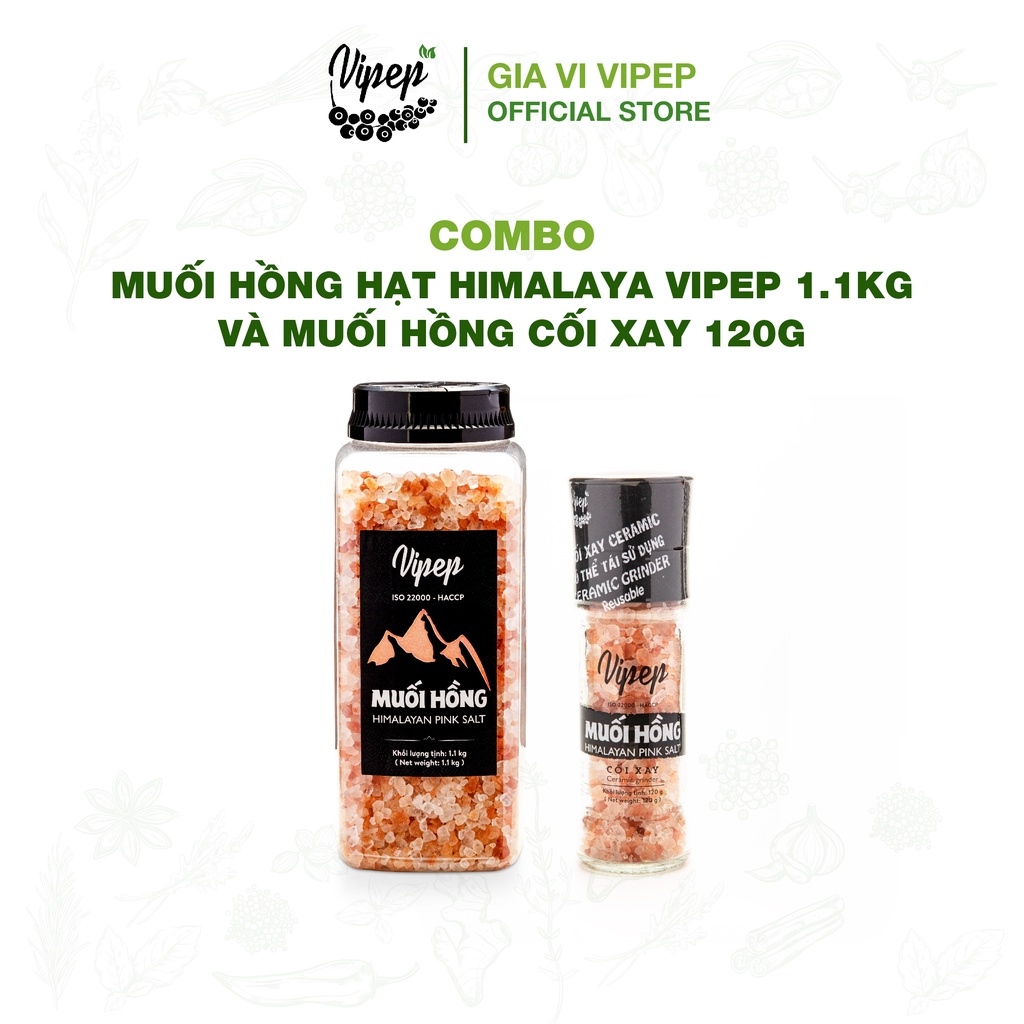 Muối Hồng Himalaya 1.1kg Hạt tặng Cối xay Muối hồng Vipep