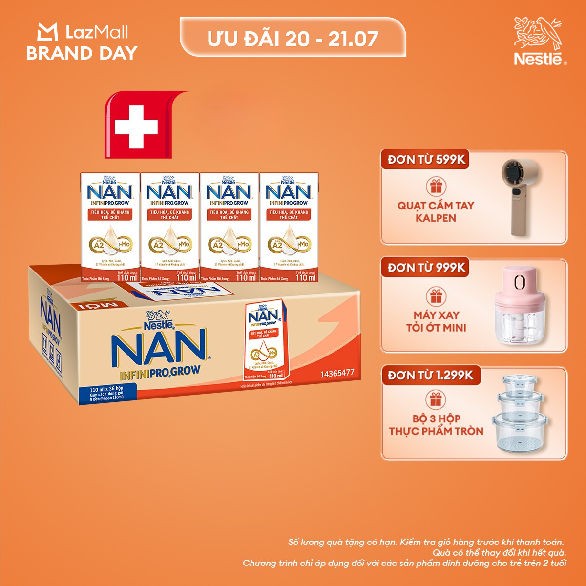 [CHỈ 20-21.07 QT ĐƠN 599K/999K/1299K]Thùng 36 hộp sữa pha sẵn Nestle NAN INFINIPRO GROW với công thức vượt trội kết hợp sữa A2 và HMO hỗ trợ tiêu hóa, đề kháng và phát triển thể chất (4x110ml)