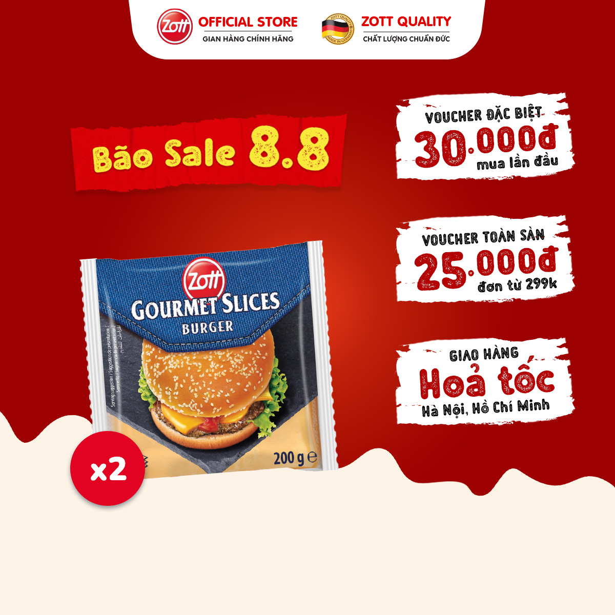 Giao hoả tốc - combo 2 túi phô mai lát zott gourmet slices burger nhập khẩu từ đức , làm từ sữa tươi giàu canxi, chất đạm