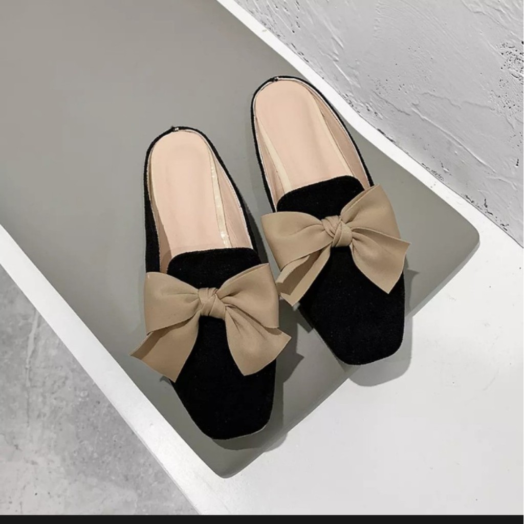 FREE SHIP Giày sục nữ da lộn 2 màu thắt nơ hàn quốc