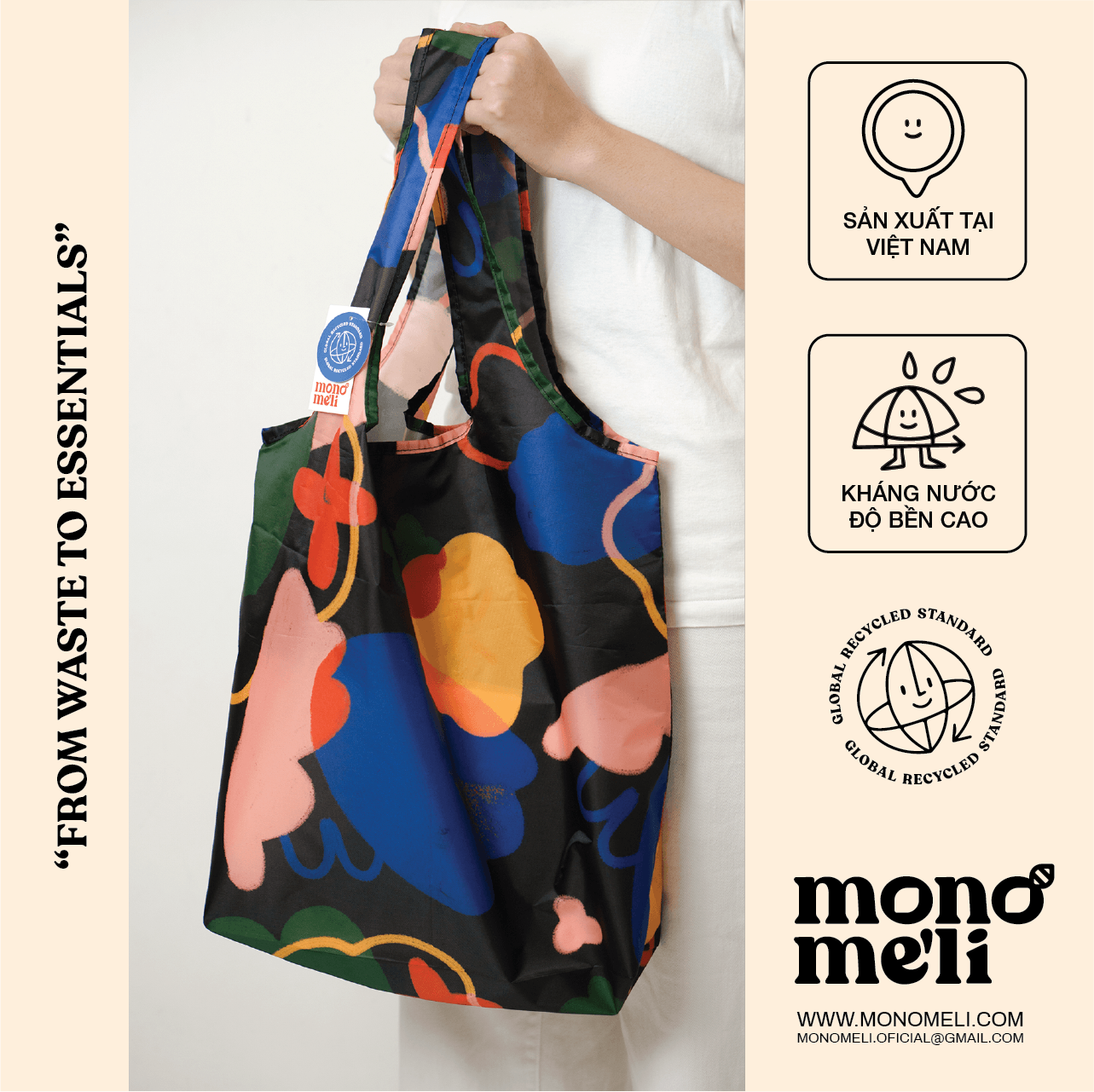 TÚI HOA ĐEN - TÚI VẢI MONOMELI GẤP GỌN, THÂN THIỆN MÔI TRƯỜNG
