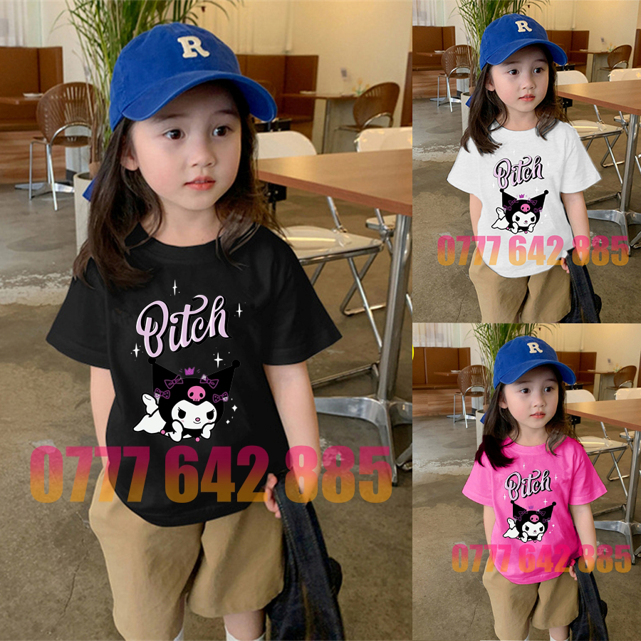 Áo bé gái 20kg 30kg 40kg 47kg cho bé gái in hình kuromi đen nơ thun cotton hebikids