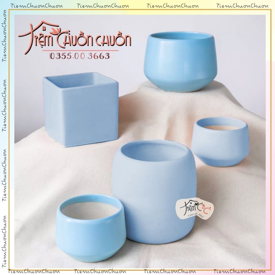 Set Chậu Men Xanh Pastel - chậu trồng cây tiệm chuồn chuồn - Gốm sứ Bát Tràng