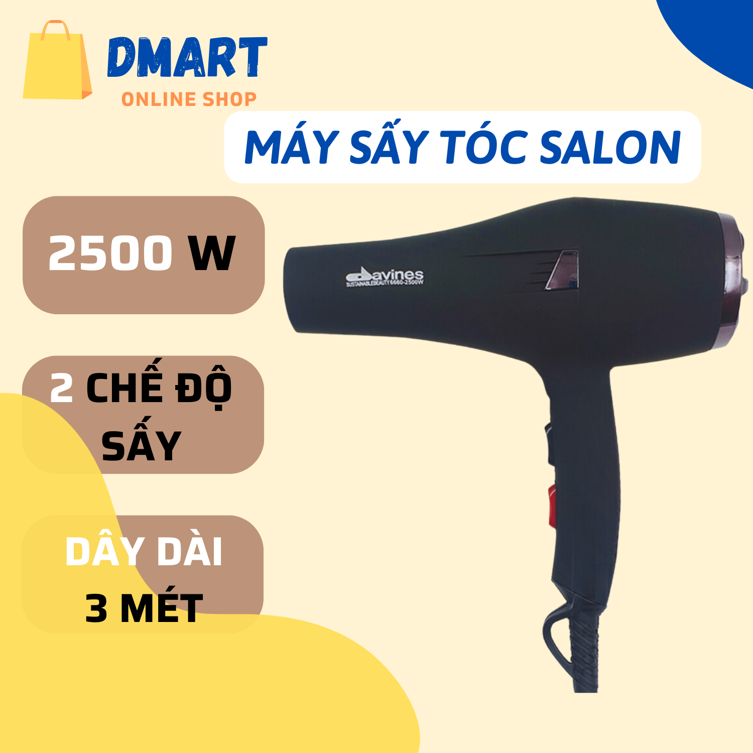 Máy sấy tóc salon Davines 6690 - Công suất lớn 2500W nhanh khô 3 chế độ sấy tạo kiểu chăm sóc tóc chuẩn Salon