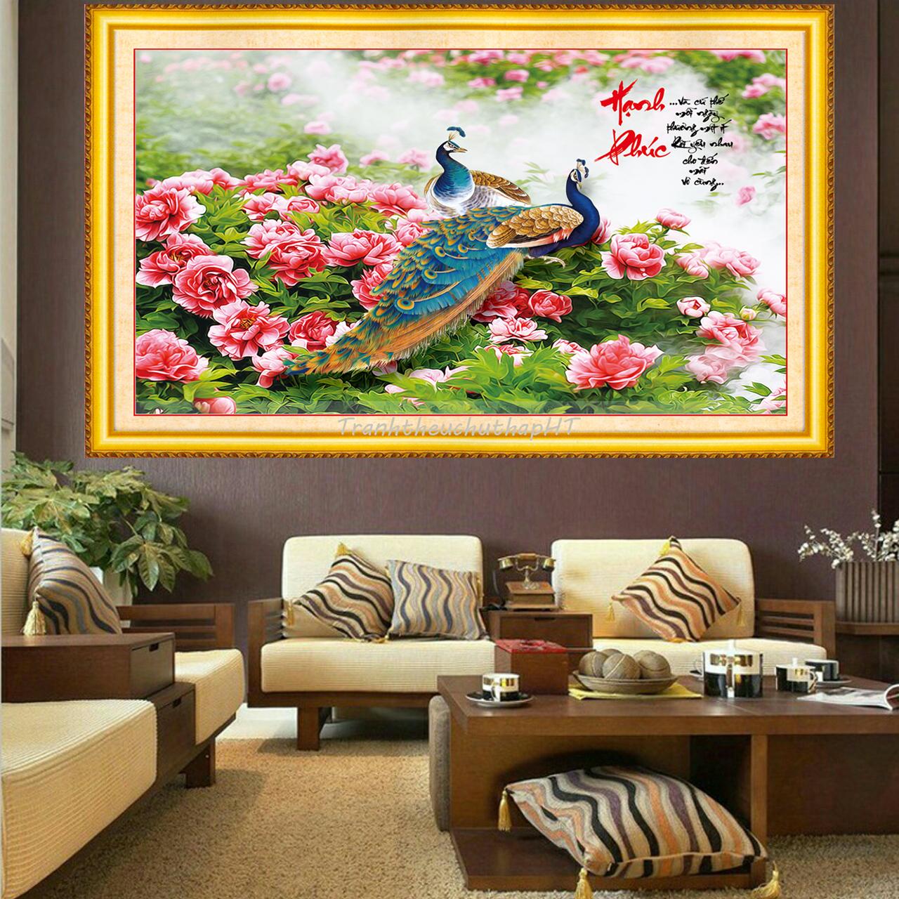 [HCM]Tranh đính đá Hạnh phúc chim công hoa mẫu đơn VS459 - tự đính