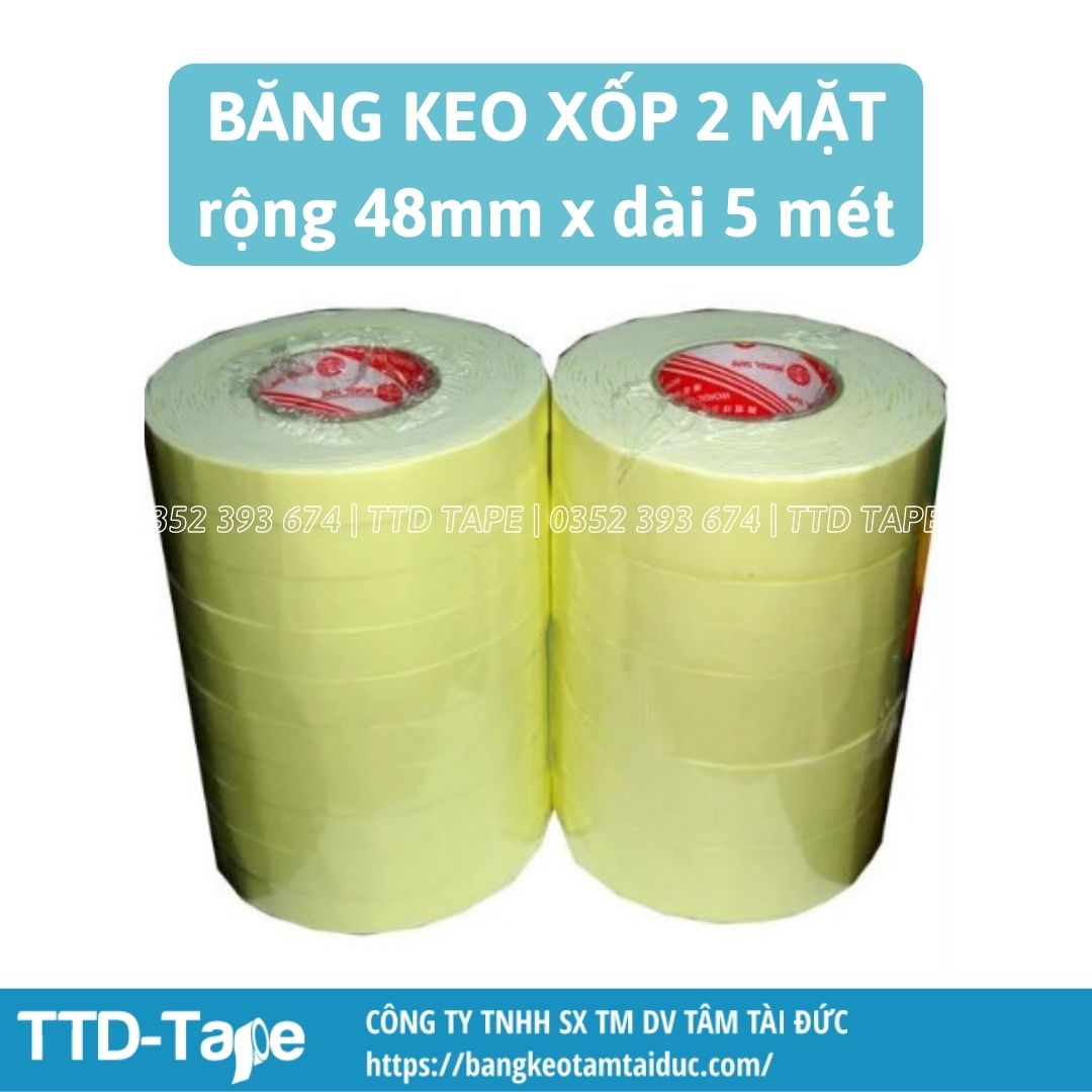 Băng keo xốp 2 mặt vàng 48mm dài 5 mét 1 cây gồm 5 cuộn