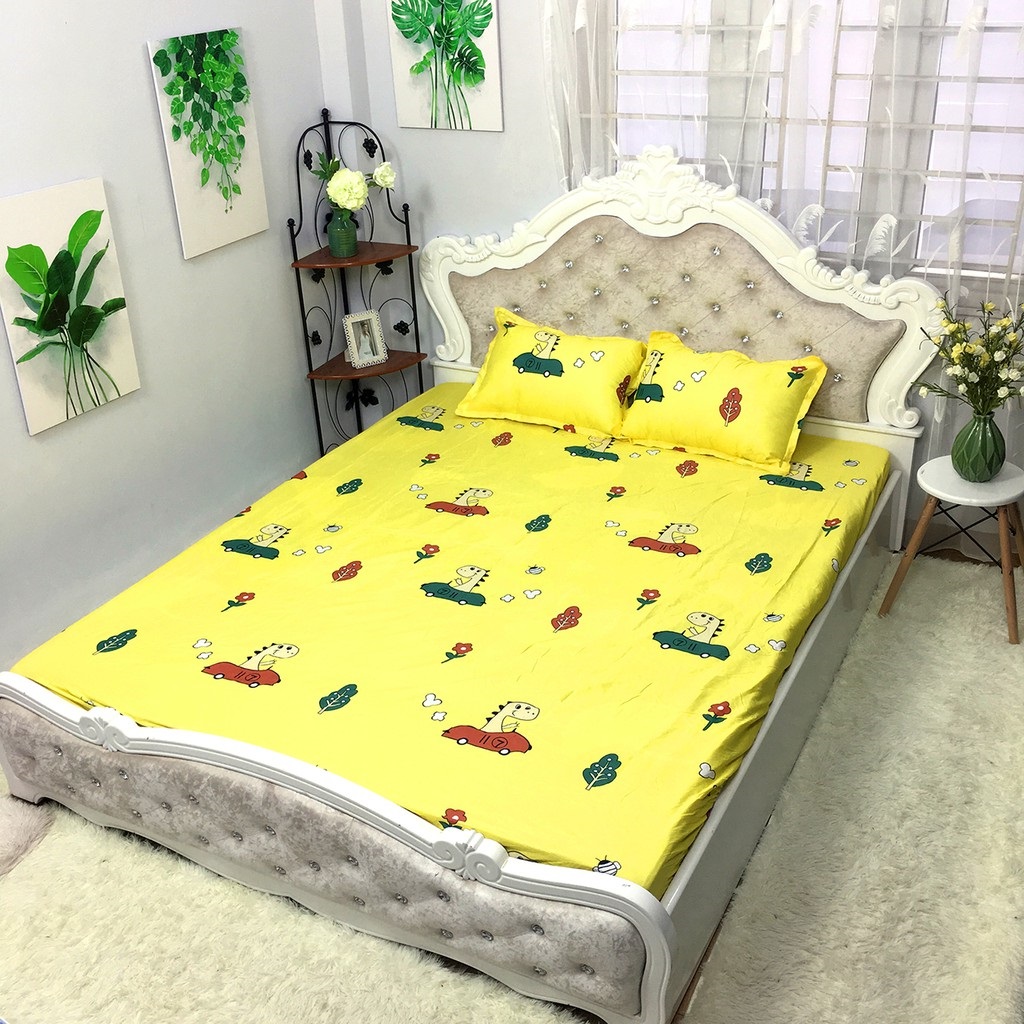 Set 3 ga gối - Bộ ga chun và 2 vỏ gối chất Cotton Poly họa tiết khủng long vàng cho bé trai