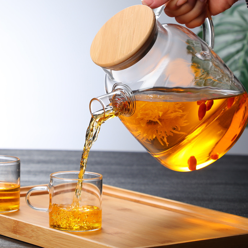 Ấm pha trà, Bình pha trà Thuỷ tinh chịu nhiệt có Lưới lọc lò xo và Nắp gỗ, Bình trà, Bình đựng nước thủy tinh Nắp gỗ, 1000/1500/1800ml