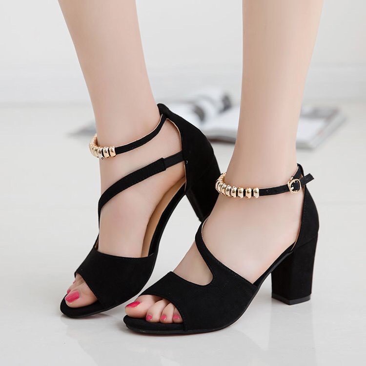 (A21)Giày sandal cao gót nữ 7p đế vuông quai ngang có đính hạt kiểu dáng basic đẹp thời trang