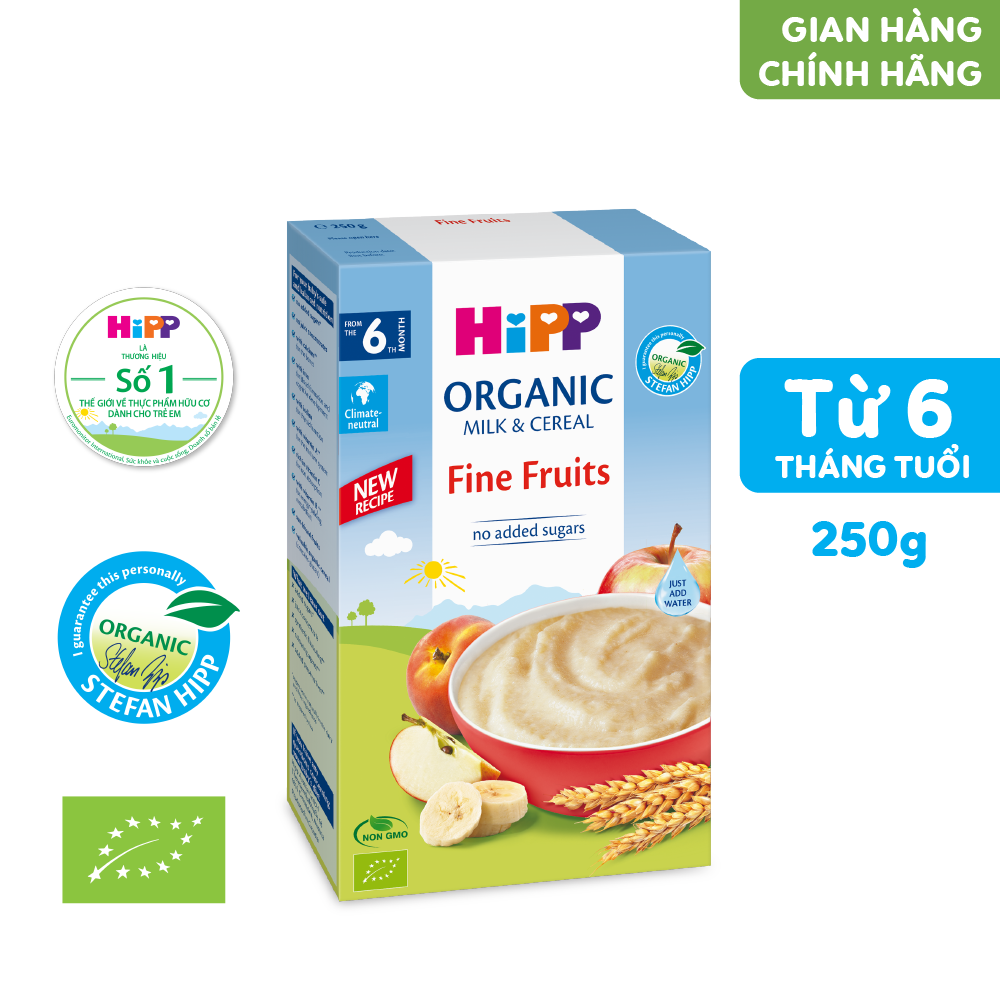 Bột ăn dặm dinh dưỡng Sữa, Hoa quả tổng hợp - Táo, Chuối, Lê, Mơ HiPP Organic 250g (3141)