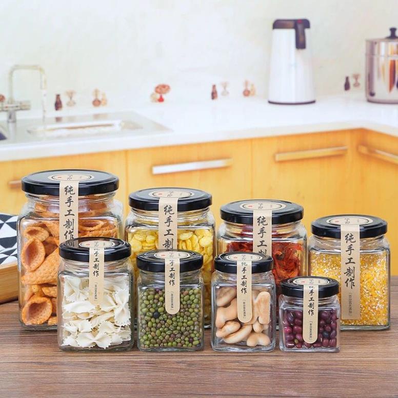 Hũ thủy tinh vuông 100ml-200ml-500ml hũ thủy tinh vuông nắp thiếc đen đựng đồ khô , gia vị