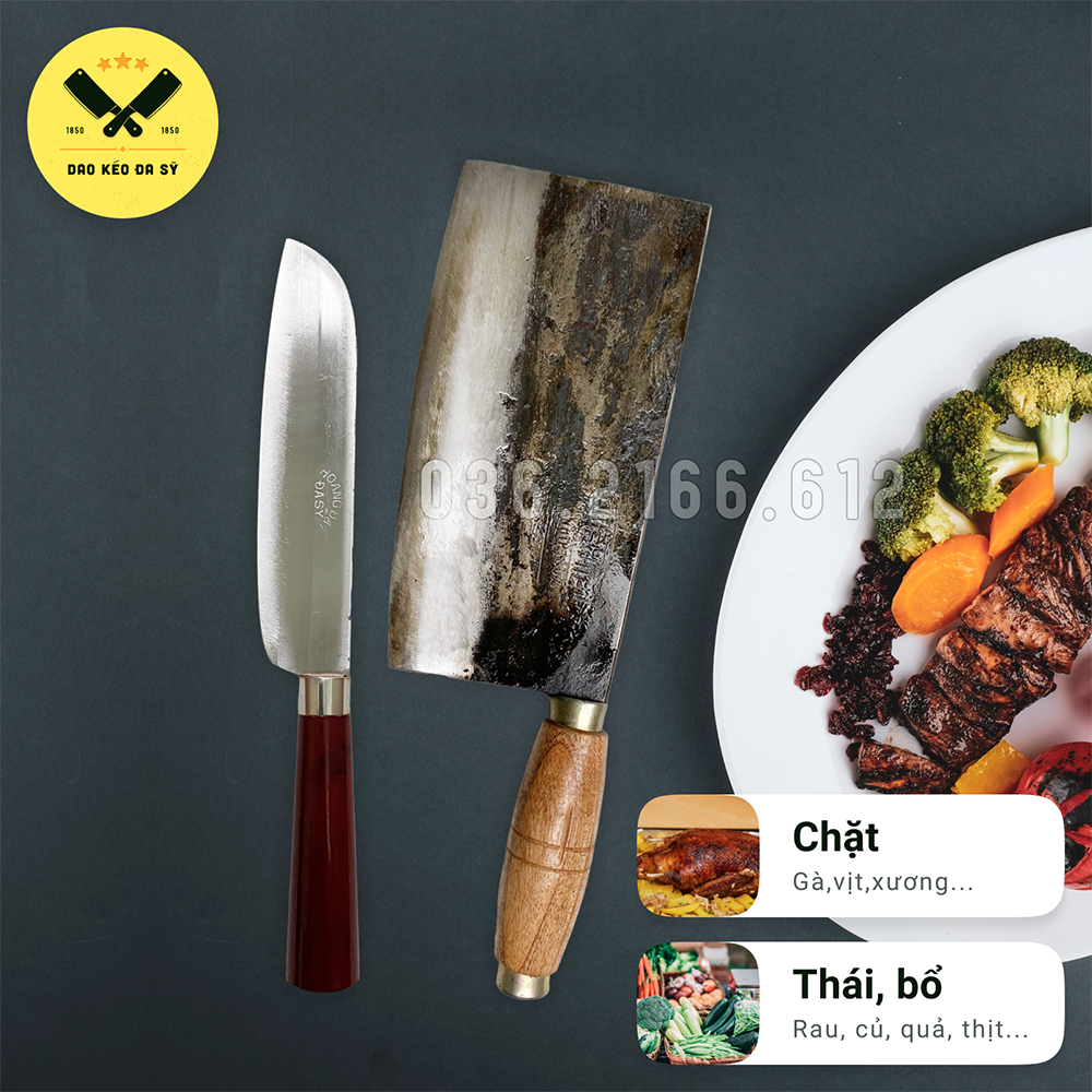 Bộ dao nhà bếp Đa Sỹ Dao Chặt nhíp xe, dao gọt hoa quả thép Nhật không gỉ