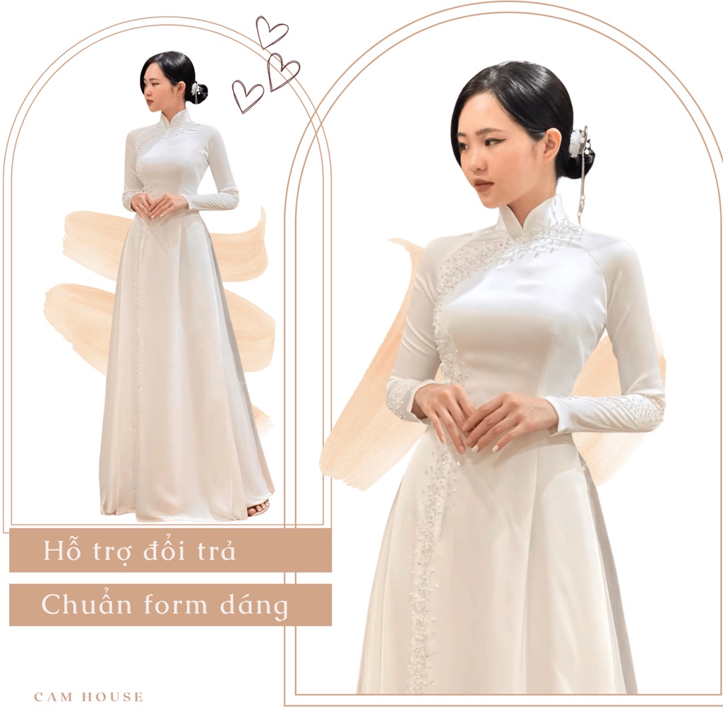 Áo dài cưới trắng 4 tà chất liệu lụa tủa phale 1 bên sườn