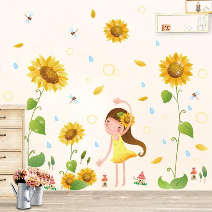 Decal dán tường hoa mặt trời vàng và bé Sticker Tranh Dán Tường XL7192- Decal dán tường cây xanh ,Decal dán tường hoa lá