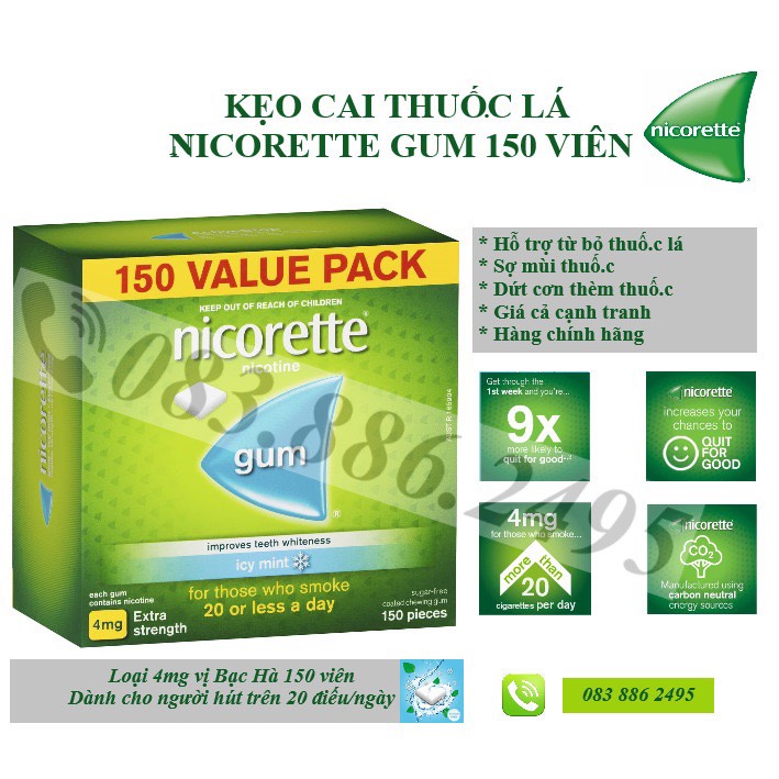 KẸO CAI THUỐ.C LÁ NICORETTE GUM 4MG VỊ BẠC HÀ 75-150-210 VIÊN (Nicorette Quit Smoking Extra Strength Icy Mint Gum 4mg 75-150-210 Pack)