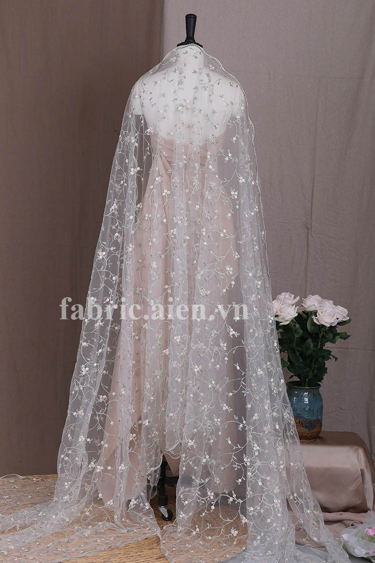 Ren lưới thêu hoa họa tiết nhí| Vải ren may mặc ATB-08 [GIÁ BÁN THEO MÉT]