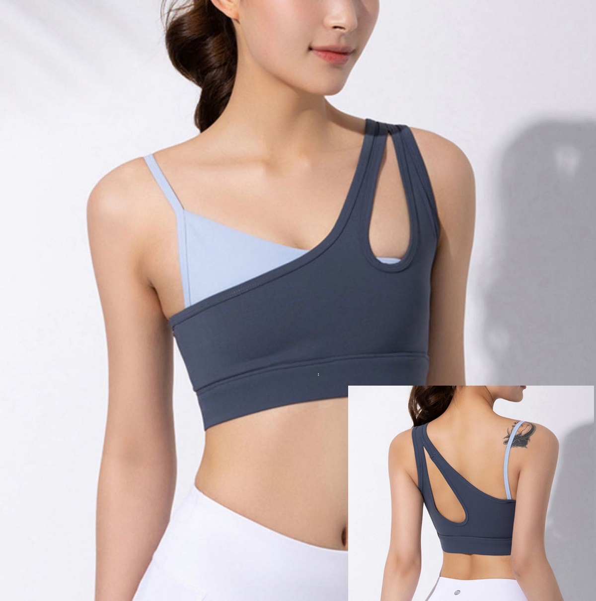 Áo Bra Tập Gym Yoga Lệch Vai Phối Màu Cực Xinh Sẵn Mút