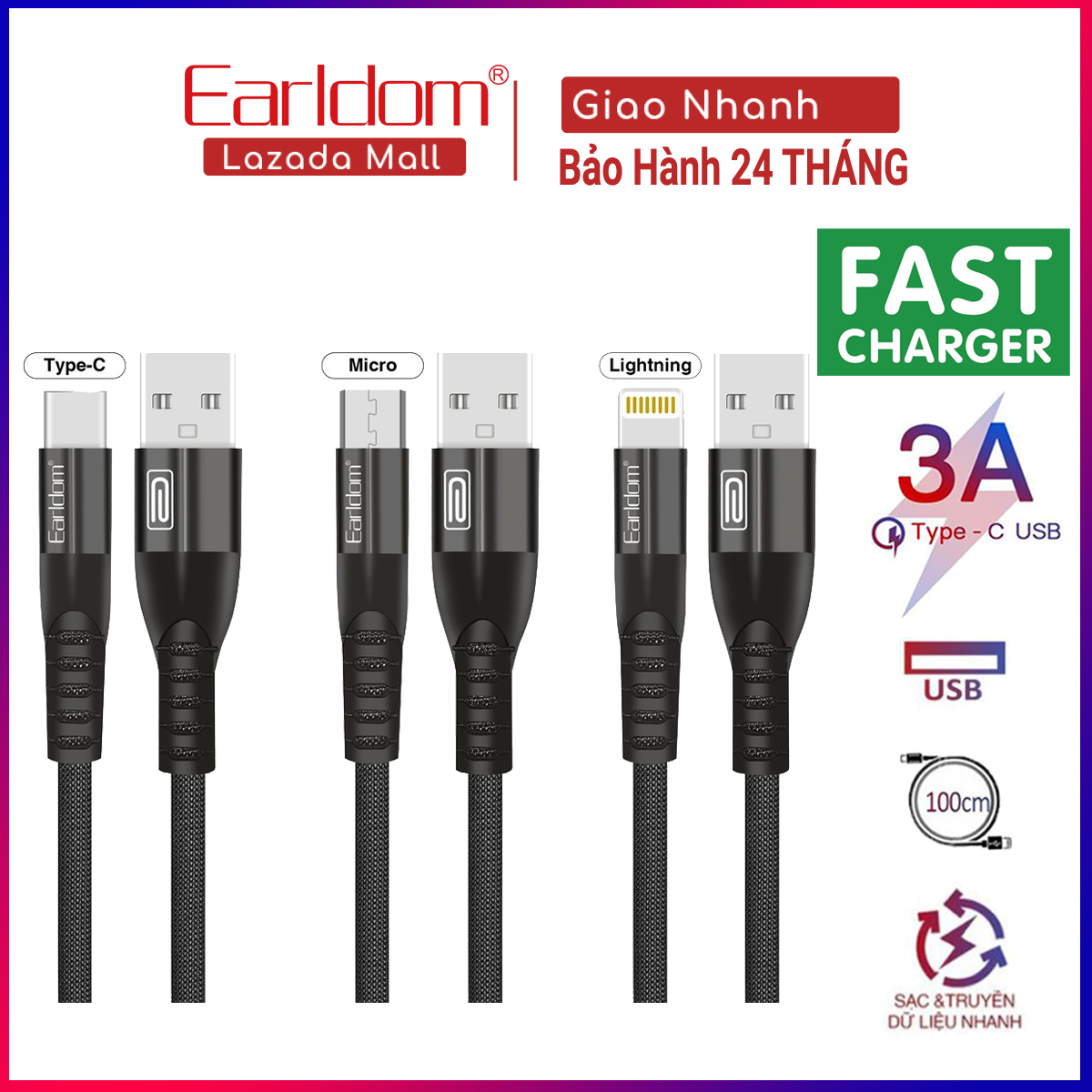 Dây Sạc Nhanh Earldom EC-077 1M Type C Micro Lightning - dùng cho Iphone Samsung Oppo Dây sạc chất lượng cao chống gẫy gập Phân phối bởi Earldom global