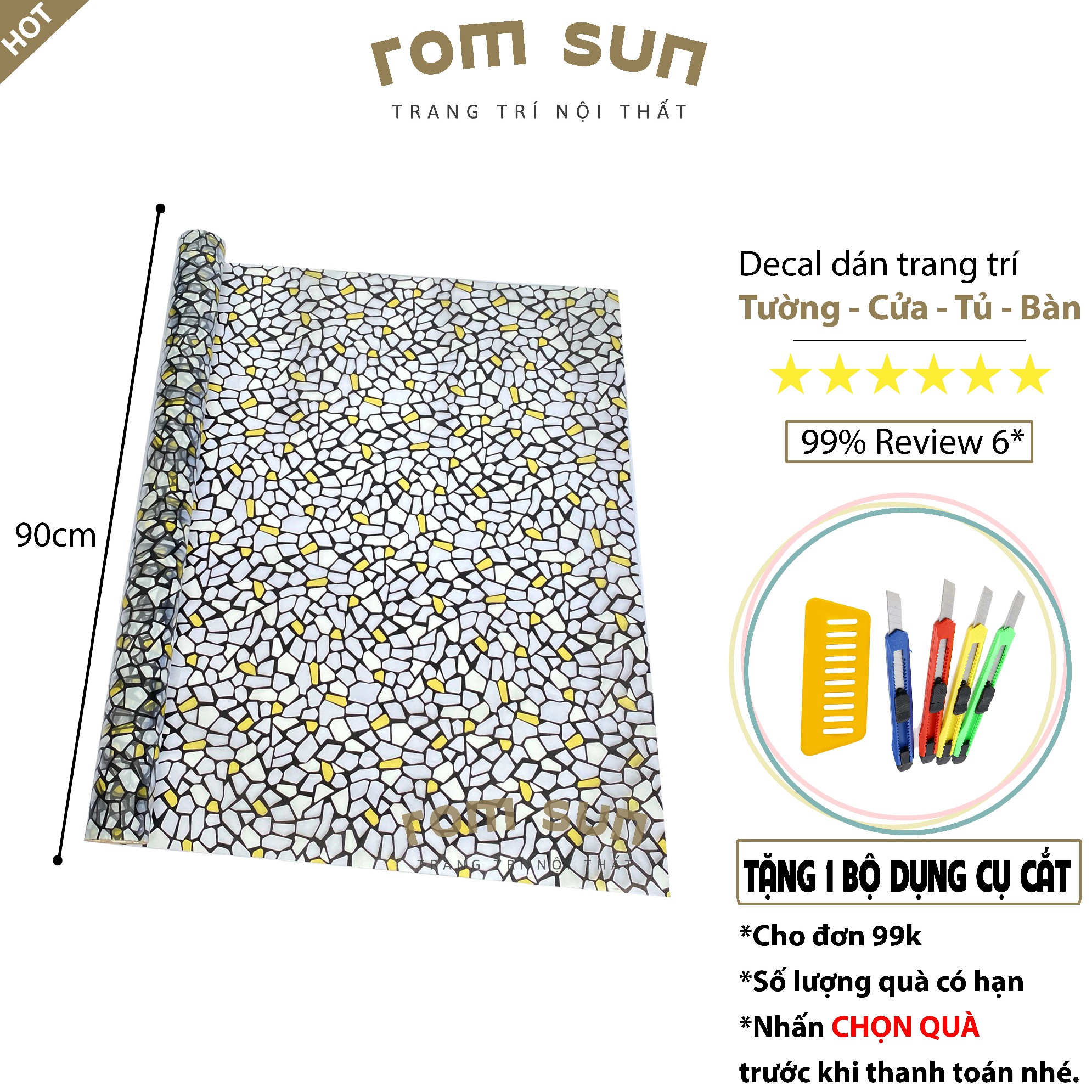 Decal dán kính mờ cửa sổ phòng ngủ, Giấy dán kính cửa phòng tắm , văn phòng họa sỏi trắng vàng E9513