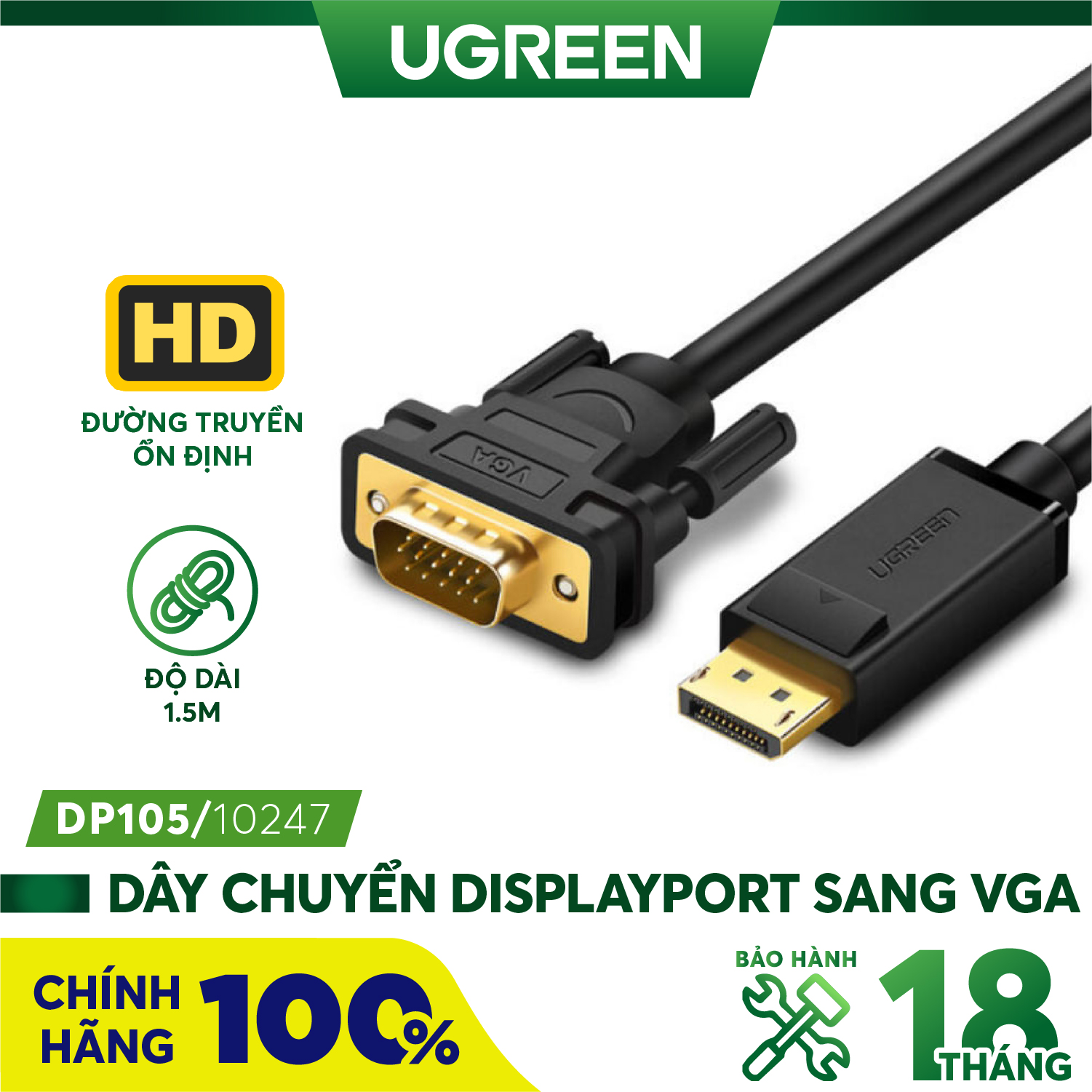 Cáp displayport to vga dài 1,5m ugreen 10247 cao cấp